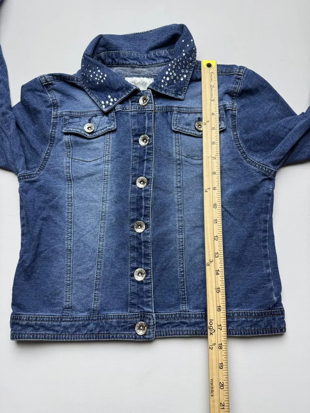 Justice Jacket Girls 18 Blue Denim Rhinestone Collar Button Front Jean Casual